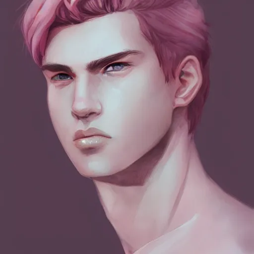 Prompt: teen boy, pink hair, pink eyes, elegant, georgeus, bust portrait, watercolor, high detalied, digital art, artstation, by charlie bowater