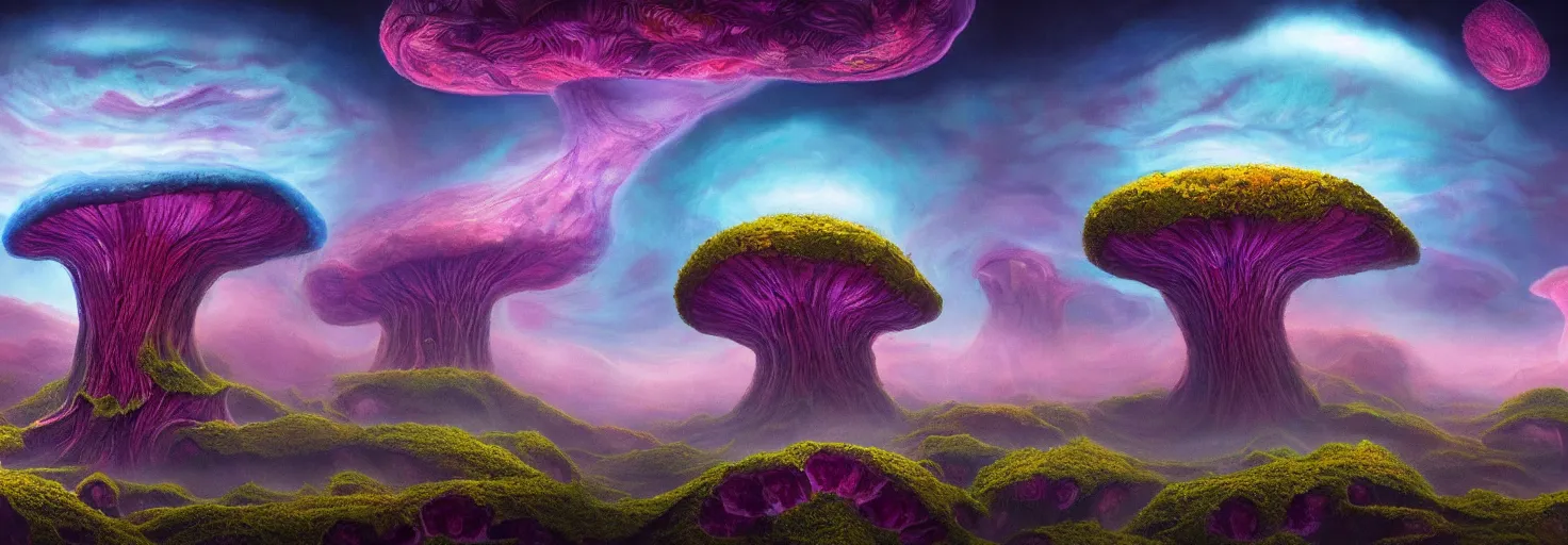 Prompt: a view of a surreal alien variated planetary fractal landscapes with gigantic fungus and flora of varying vibrant colors and sizes scattered across the vast landscapes, surreal clouds, floating islands, 4 k, retro, detailed, beautiful view, vibrant, weird skies, extradimensional, trending on artstation
