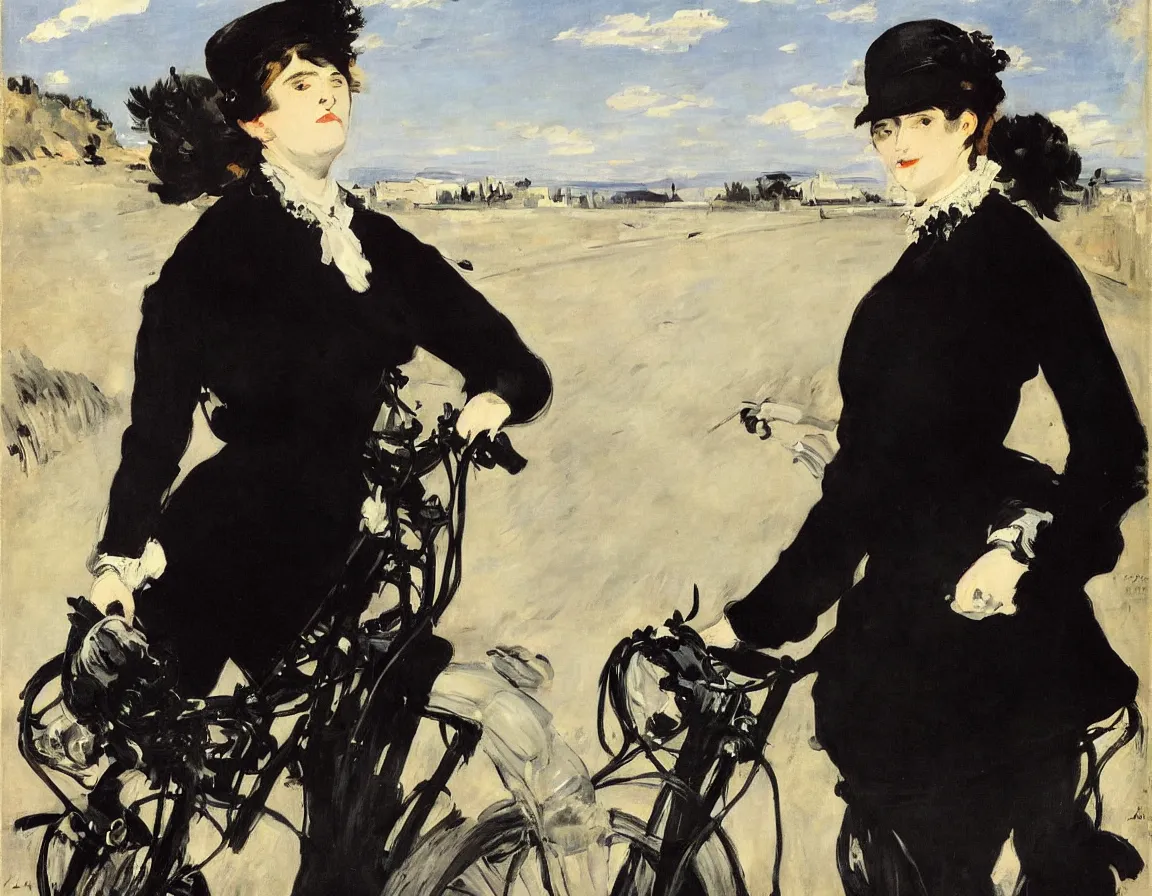 Image similar to edouard manet. a wide portrait of a marie from the side all dressed in black on a motorcycle on a highway looking over her shoulder towards us. blue sky. there is another motorcycle blurred in the background. precise thin brush strokes. expressive. emotional. modern.