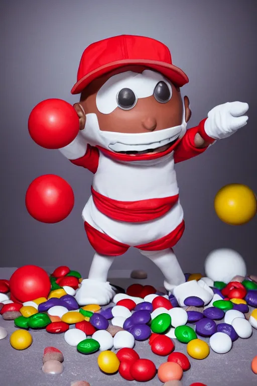 Image similar to a single red m & m candy with white arms and legs, a red sphere wearing a white baseball cap, eminem as a m & m candy standing on a floor covered with m & m candies, m & m candy dispenser, m & m plush!!!, unreal engine, studio lighting, unreal engine, volumetric lighting, artstation, professional food photography