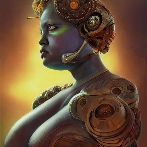 Prompt: An upper body portrait of an obese Zoe Saldana as the goddess of technology and agriculture. Coy facial expression. Beautiful and detailed, surrealism, mixed media. Random futuristic background. In the style of Karol Bak, Greg Rutkowski, and Boris Vallejo.