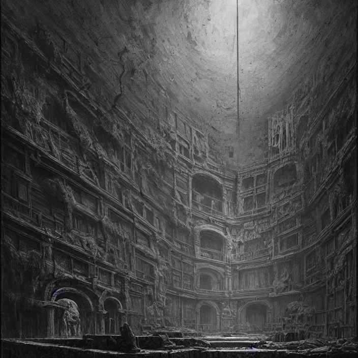 Prompt: piranesi's chamber, horror, dark, by piranesi and greg rutkowski, by zdzisław beksinski, hyper detailed, hd, 8 k