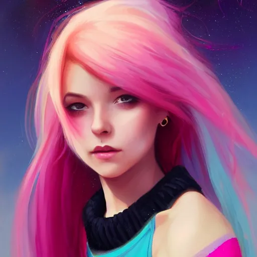 Image similar to colorful and festive captivating teenager girl with pink hair, cyan top crop, black skirt, black leggings, cute look. rich vivid colors, ambient lighting, dynamic lighting, 4 k, atmospheric lighting, painted, intricate, highly detailed by charlie bowater