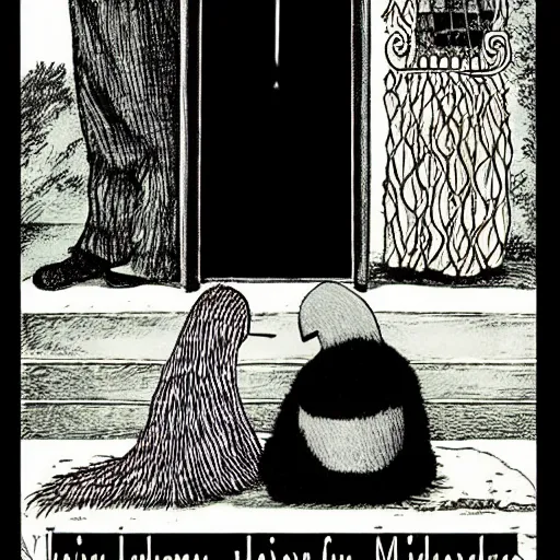 Prompt: sad farewell. illustrated by edward gorey, mikko ]