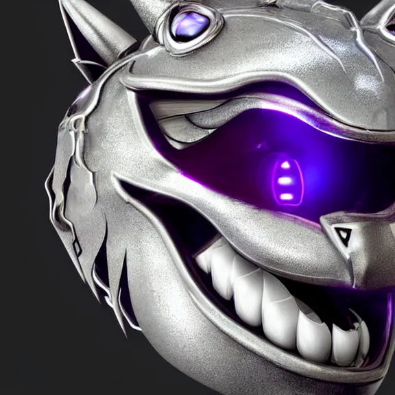 Prompt: digital art close up headshot of a cute beautiful stunning robot anthropomorphic female dragon with metal cat ears, with sleek silver metal armor, purple flesh, glowing OLED visor, facing the camera, high quality maw open and about to eat you, you being dragon food, the open maw being detailed and soft, sharp teeth, soft lulling tongue, highly detailed digital art, furry art, anthro art, sci fi, warframe art, destiny art, high quality, 3D realistic, dragon mawshot, maw art, furry mawshot, macro art, dragon art, Furaffinity, Deviantart