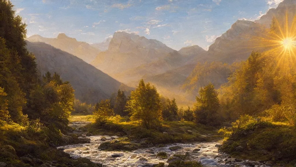 Prompt: High-Quality realist painting of a river crossing a valley in the Alps at dawn, long shadows, beams of sunlight, peaceful, very detailed, digital art.