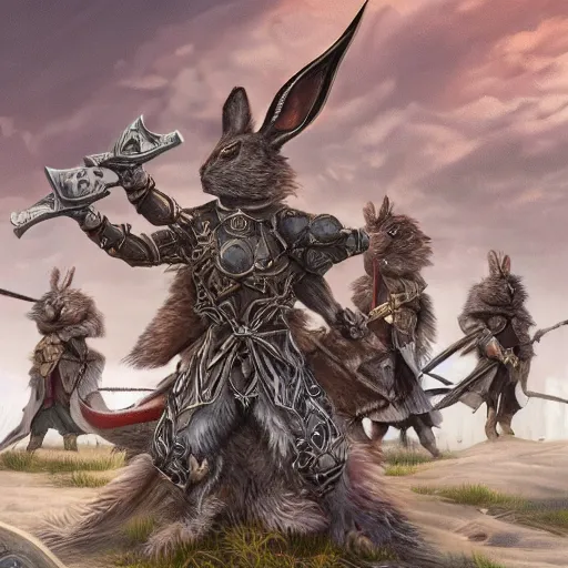 Prompt: Multiple angry Rabbits carrying giant swords gathering on a beautiful plain, insanely detailed and intricate, hypermaximalist, elegant, ornate, hyper realistic, super detailed, Art Deco, cinematic, trending on artstation, magic the gathering artwork, centered