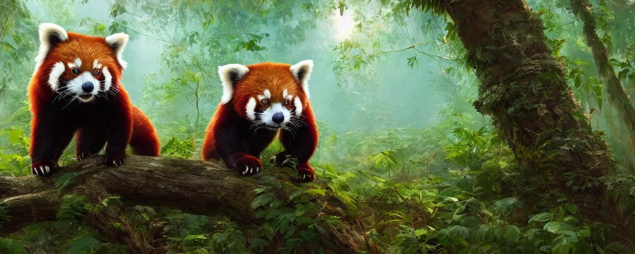 Image similar to an cute Red Panda standing in the jungle, beautiful dynamic lighting, cinematic, wide angle establishing shot, extremely high detail, photo realistic, cinematic lighting, post processed, concept art, artstation, matte painting, style by frederic church, raphael lacoste, unreal engine 8k