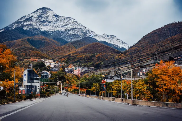 Prompt: warehouses lining a street, with an autumn mountain directly behind, radio tower on mountain, lens compressed, photography