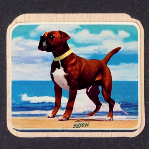 Prompt: staffordshire terrier boxer mix on a surfboard, as a vintage hawaiian postcard
