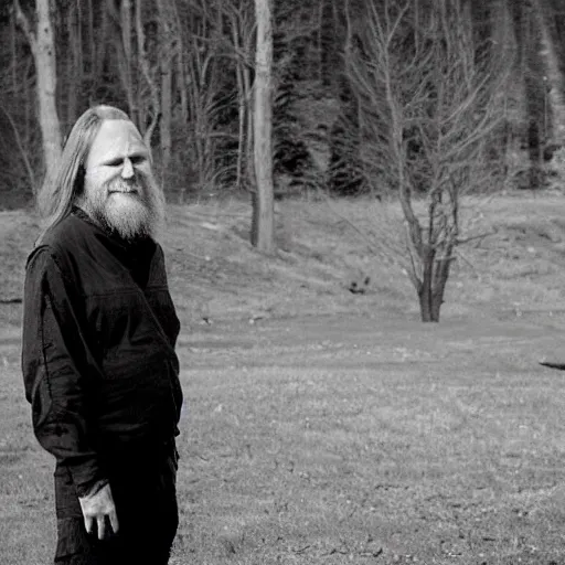 Image similar to varg vikernes smiling at the camera with mothman flying in the distance, photograph