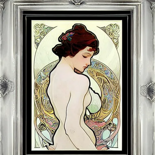 Image similar to art nouveau painting by Alphonse Mucha of Dream of the Endless from Sandman framed by white flowers. Soft, muted colors, dreamy aesthetic.