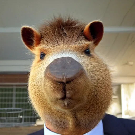 Image similar to capybara head, a man wearing a suit capybara head