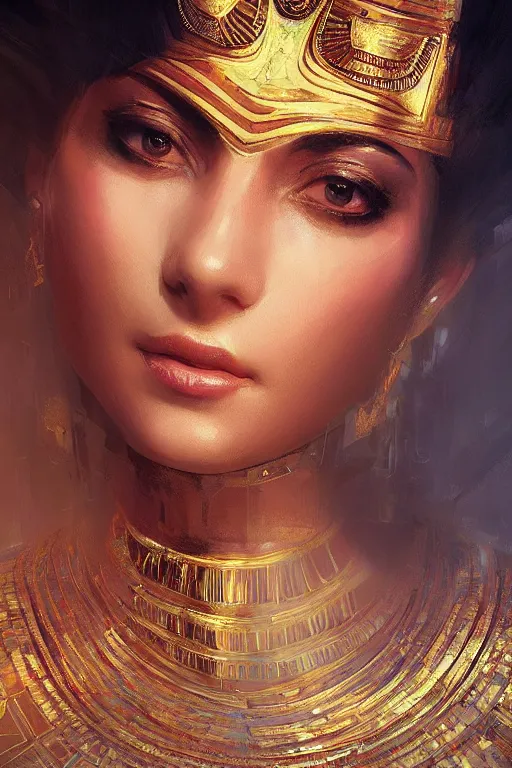 Image similar to egyptian princess, gorgeous, portrait, powerfull, intricate, elegant, volumetric lighting, digital painting, highly detailed, artstation, sharp focus, illustration, ruan jia