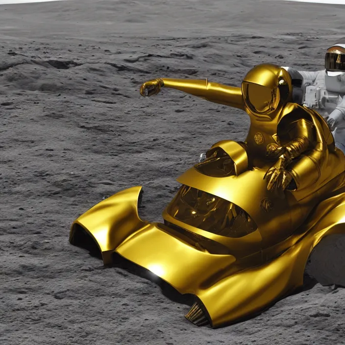 Prompt: a 3 d render of a golden reflective astronaut racecar on the moon, 8 k, realistic, dynamic, artstation, digital art