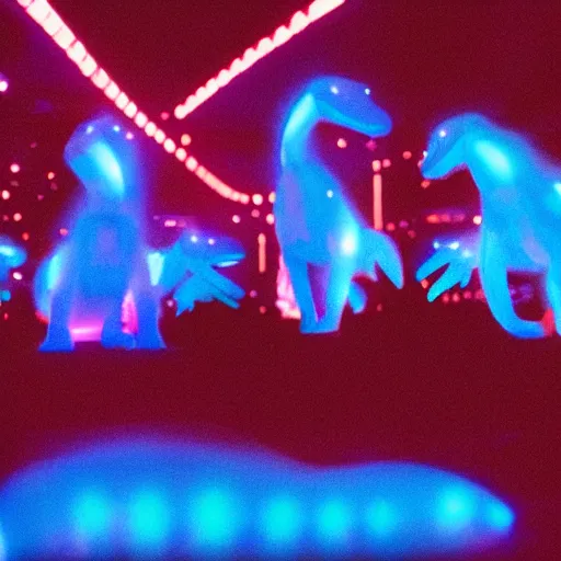 Image similar to electric blue scaled glowing baby dinosaurs in tron movie, cinestill