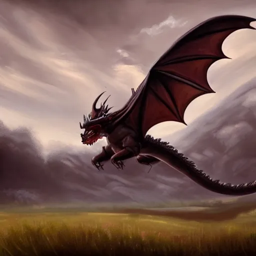 Prompt: A painting of a dragon flying over a field by Xision,Trending on artstation.