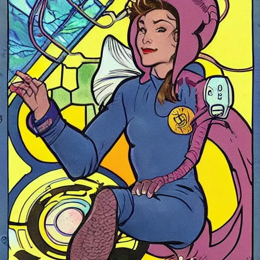 Prompt: an anthropomorphic rat woman with large rat ears and a tail. she is dressed as an astronaut, floating in space, no helmet. trippy background space nebula colors. well composed, clean elegant painting, beautiful detailed face. comic book art by steve ditko and jack kirby and ( alphonse mucha )
