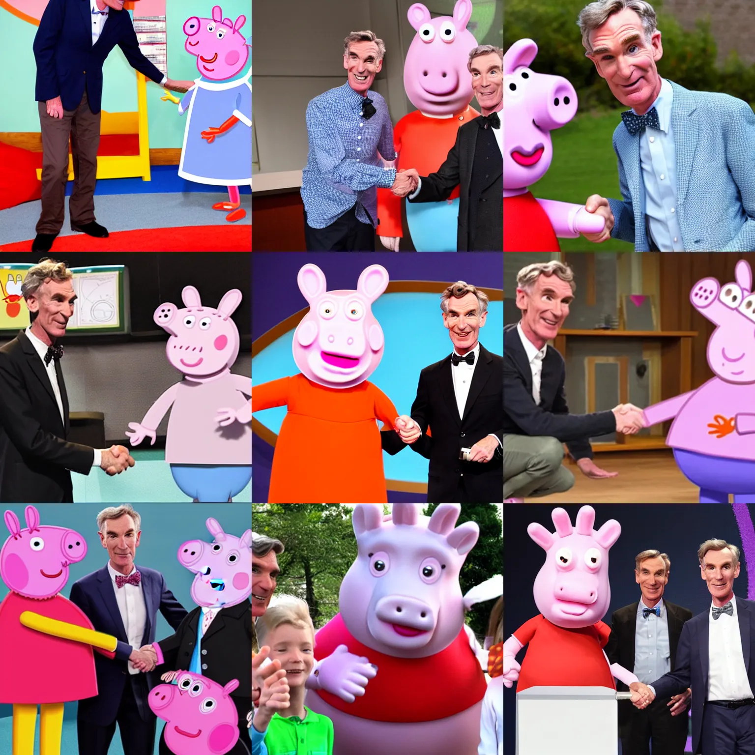 Prompt: bill nye the science guy shaking hands with peppa pig