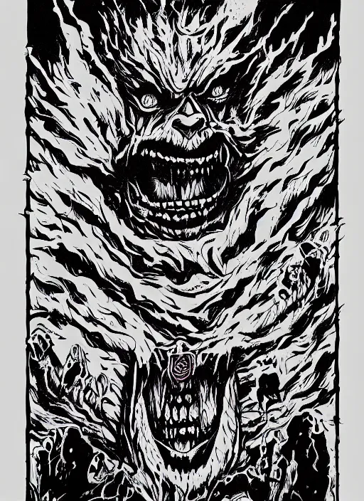 Prompt: Donald Trump's monstrous true form on a 1990s horror movie poster, inking, vintage 90s print, detailed, scary, horror, screen print, trending on artstation