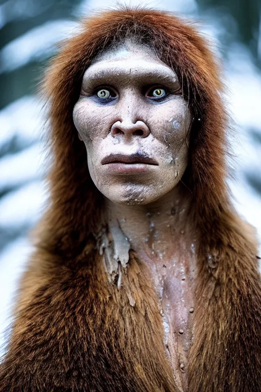 Image similar to a professional portrait photo of a neanderthal woman in the forest in winter, mud on face, black stripe across her eyes, ginger hair and fur, extremely high fidelity, natural lighting, still from the movie quest for fire