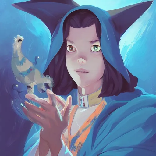 Prompt: painting cat wizard wearing blue robes avatar hero smooth face median photoshop filter cutout vector behance hd by jesper ejsing, by rhads, makoto shinkai and lois van baarle, ilya kuvshinov, rossdraws, illustration, art by ilya kuvshinov and gustav klimt