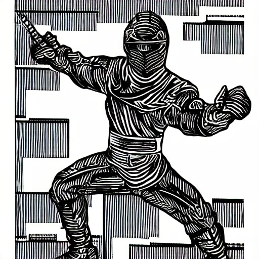 Prompt: 90s retro line drawing of a ninja with synthesizers