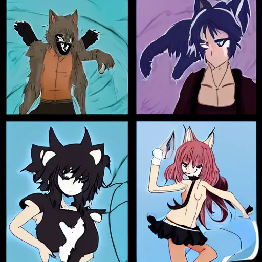 Image similar to anime werewolf, feral wolfgirl, kemonomimi, snarling, defensive, vicious