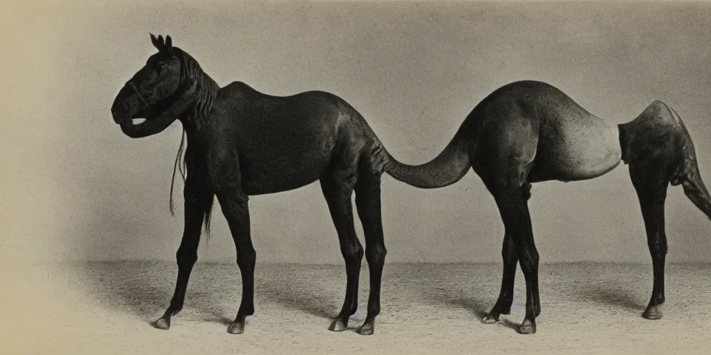 Prompt: cathorsecamel, strange, black and white, photograph, 1850s