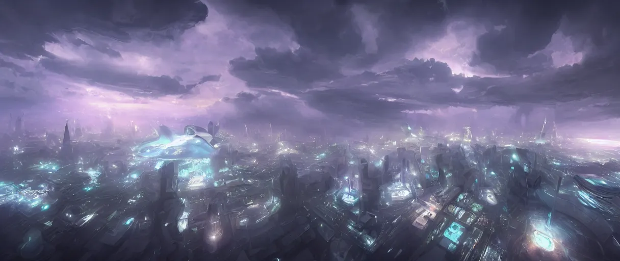 Image similar to island city floating on top of the clouds with futuristic architecture, style of asgard, light blue, purple sky, gold, silver, and light grey, desaturated, pastel colors, matte painting, futuristic, sci fi, style of jordan grimmer, digital painting, trending on artstation, high detail, volumetric lighting, godrays