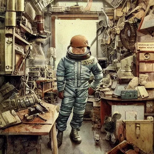 Prompt: boy in a retro space suit in a cluttered inventors shop . muted colors. by Jean-Baptiste Monge !!!!!!!!!!!!!!!!!!!!!!!!!!!!!!!!!!!!!!!!