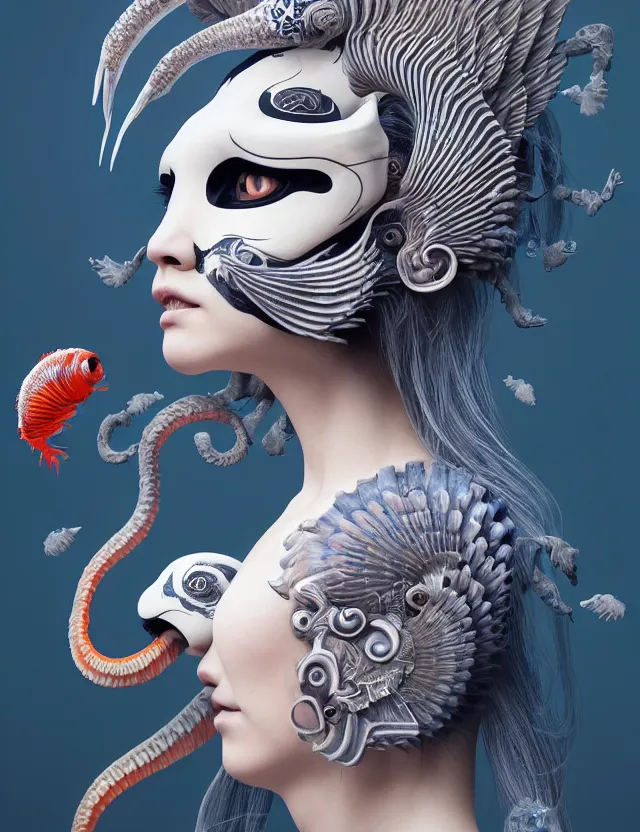 Image similar to 3 d goddess half - turn portrait with ram skull. beautiful intricately detailed japanese crow kitsune mask and clasical japanese kimono. betta fish, jellyfish phoenix, bio luminescent, plasma, ice, water, wind, creature, artwork by tooth wu and wlop and beeple and greg rutkowski