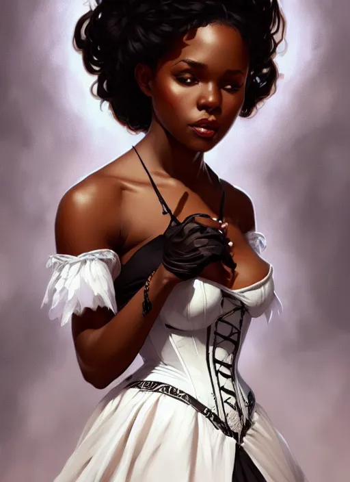 Image similar to cute black woman wearing a white corset dress, fantasy, intricate, highly detailed, digital painting, artstation, concept art, wallpaper, smooth, sharp focus, illustration, art by artgerm and greg rutkowski and alphonse mucha