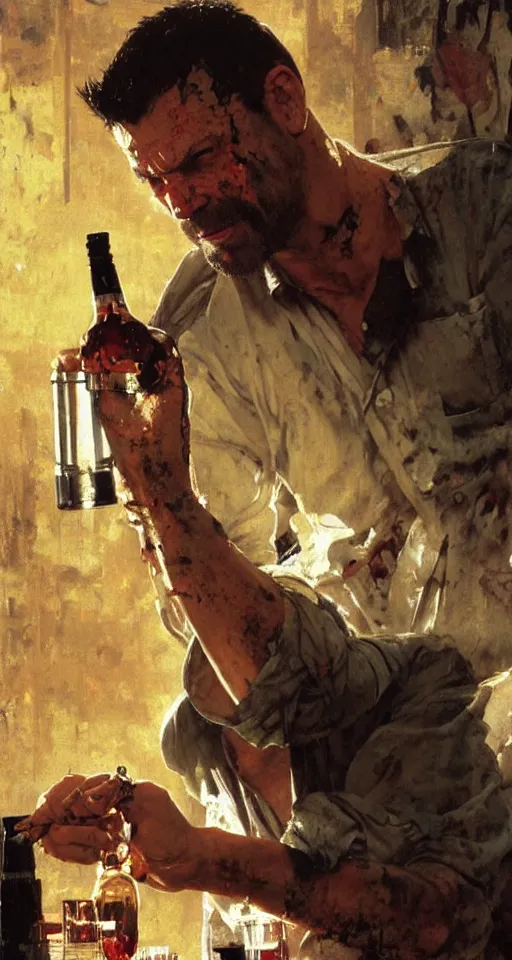 Image similar to close up of bloodied max payne pouring a drink, sun shining, photo realistic illustration by greg rutkowski, thomas kindkade, alphonse mucha, loish, norman rockwell.