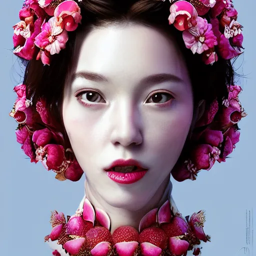 Prompt: the face of absurdly beautiful, graceful, elegant, sophisticated, sensual mature gravure idol made of strawberries and white pink petals, an ultrafine hyperrealistic photograph by kim jung gi, irakli nadar, intricate linework, bright colors, octopath traveler, final fantasy, unreal engine highly rendered, global illumination, radiant light, intricate environment, cherries in background