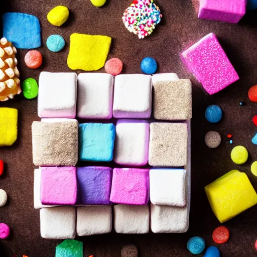 Prompt: photograph of a marshmallow cube with sprinkles on a dark wooden chopping board, pastel colours, hessian cloth, styled food photography, photorealistic, 4 k