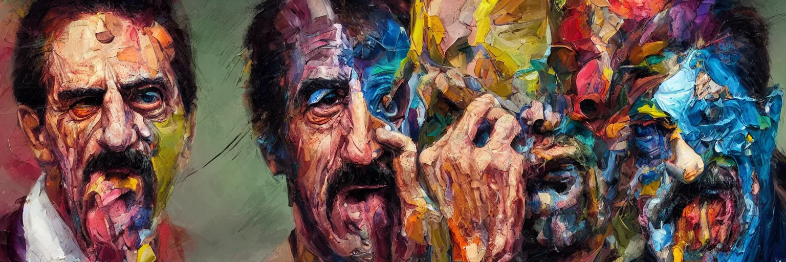 Prompt: colorful oil painting of character faces, realistic frank zappa turning into pizza, screaming, melting, glasses, disturbed, character sheet, fine details, concept design, contrast, kim jung gi, greg rutkowski and da vinci, 8 k, emotional, face turnaround 3 6 0, front view, back view, side view, ultra wide angle