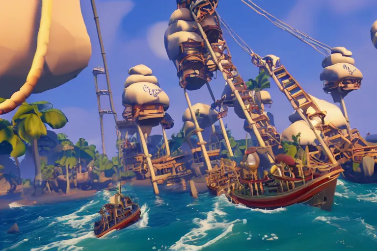 Image similar to gameplay screenshot of roller coaster in sea of thieves, unreal, 4 k