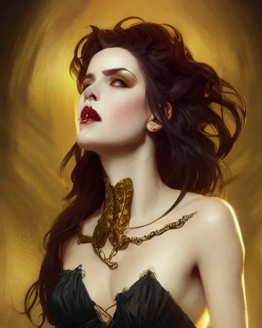 Image similar to female vampire, perfect face, gold corset, cinematic, stunning, highly detailed, digital painting, artstation, smooth, hard focus, illustration, art by artgerm and greg rutkowski and alphonse mucha