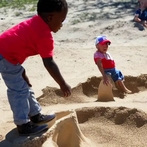 Prompt: trump is playing in a sandbox but won't let other kids play, gettyimages,