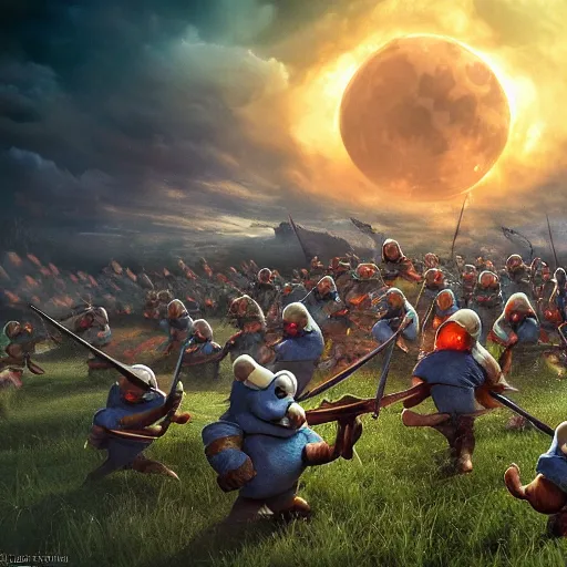 Image similar to epic battlefield of thousands of smurfs with medieval weapons battling, red moon shining golden red light hidden behind clouds, miniaturecore, supremely digital, medieval, unreal engine, super detailed, outstanding detail, dreamlike lighting, surrealistic lighting, god rays