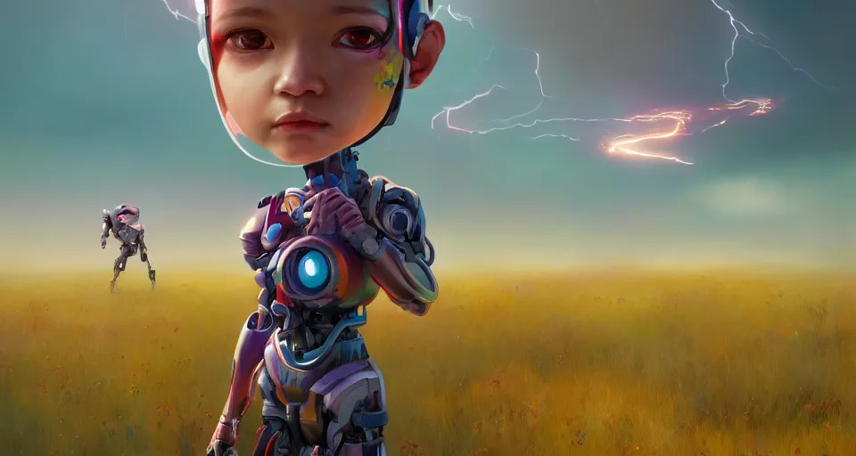 Prompt: a portrait of a chibi cyborg in a colorful field, by mandy jurgens and bayard wu and greg rutkowski, masterpiece, sharp focus, cinematic lightning, unreal engine, 8 k render