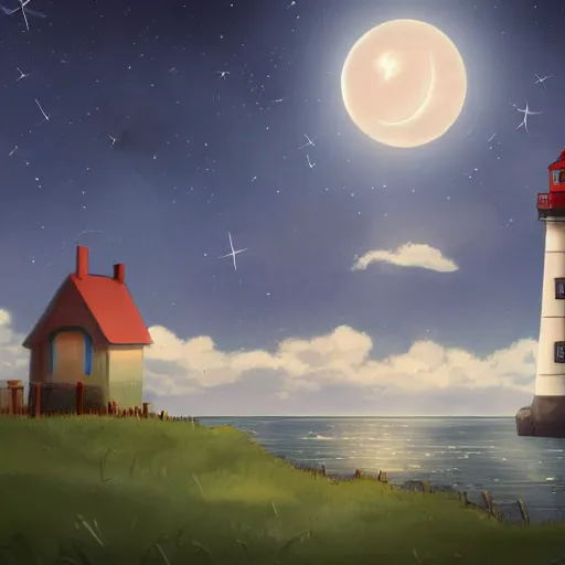 Image similar to beautiful cute cozy little lighthouse by the sea and a cozy cottage, well and fence, puffy clouds, stars, moon, anime style of hayao miyazaki, digital art trending on artstation