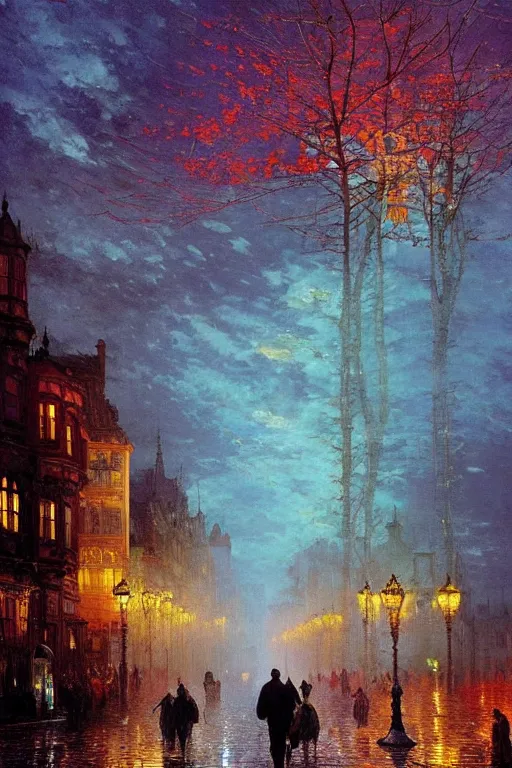 Image similar to the mad king in disguise, walking through the crowded streets of the city of blood and prisms, night skies, dramatic light, hyperrealistic, colorful skies, digital art, vray, mythical, john atkinson grimshaw, ivan aivazovsky, leonid afremov