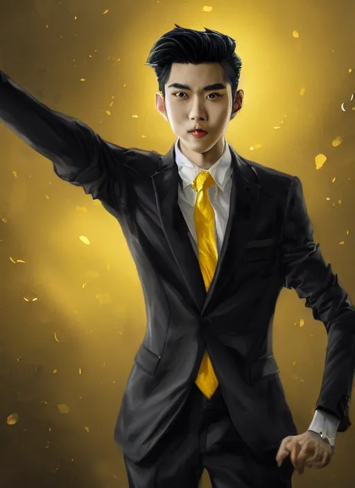 Prompt: a highly detailed illustration of young attractive black haired asian guy wearing black suit and tie with coattails, yellow eyes, dramatic elegant pose, strings background, intricate, elegant, highly detailed, centered, digital painting, artstation, concept art, smooth, sharp focus, league of legends concept art, wlop.