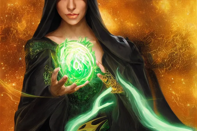 Image similar to a beautiful sorceress wearing a black robe with gold embroidery, sitting at table, casting a spell, green glows, painted by artgerm, in the style of magic the gathering, highly detailed digital art