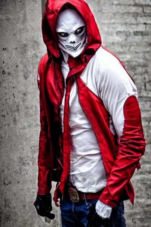 Prompt: red hood cosplay, creepy, disturbing, bloody, darkness, grainy, urban, jeans, white jacket