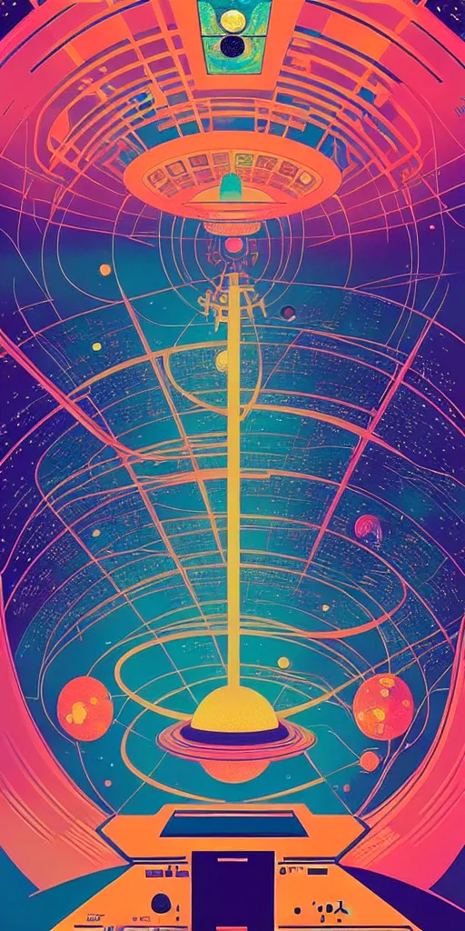 Image similar to the interior of an international space station filled with electronic equipment, ancient futuristic japanese temple, poster art by victo ngai, ori toor, kilian eng behance contest winner, crystal cubism, poster art, cubism, tarot card, psychedelic art, concert poster, poster art, maximalist