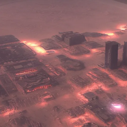 Prompt: Aerial photo of a cyberpunk city on Mars