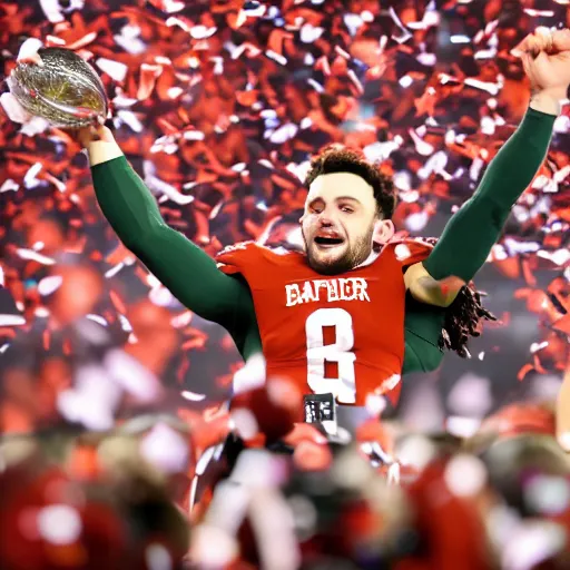 Image similar to baker mayfield lifts up the lombardi trophy, confetti, 8 k sports photography